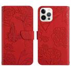 For iPhone 14 Pro Skin Feel Butterfly Peony Embossed Leather Phone Case (Red) - 1