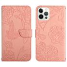 For iPhone 14 Pro Skin Feel Butterfly Peony Embossed Leather Phone Case (Pink) - 1