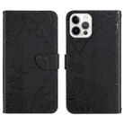 For iPhone 14 Pro Skin Feel Butterfly Peony Embossed Leather Phone Case (Black) - 1