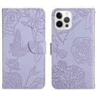 For iPhone 14 Pro Max Skin Feel Butterfly Peony Embossed Leather Phone Case (Purple) - 1