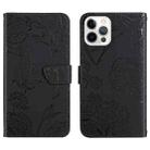 For iPhone 14 Pro Max Skin Feel Butterfly Peony Embossed Leather Phone Case (Black) - 1