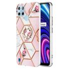 For OPPO Realme C21Y Splicing Marble Flower Pattern TPU Ring Holder Case(Pink Flower) - 1