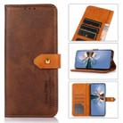 KHAZNEH Dual-color Cowhide Texture Flip Leather Phone Case For iPhone 15 Plus(Brown) - 1