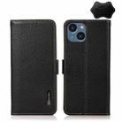 For iPhone 14 Plus KHAZNEH Side-Magnetic Litchi Genuine Leather RFID Phone Case  (Black) - 1