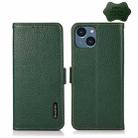 For iPhone 14 Plus KHAZNEH Side-Magnetic Litchi Genuine Leather RFID Phone Case  (Green) - 1