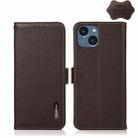 For iPhone 14 Plus KHAZNEH Side-Magnetic Litchi Genuine Leather RFID Phone Case  (Brown) - 1