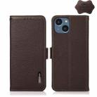 For iPhone 14 KHAZNEH Side-Magnetic Litchi Genuine Leather RFID Phone Case (Brown) - 1