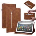 For Amazon Kindle Fire HD 8 Skin Feel Solid Color Zipper Leather Tablet Case(Brown) - 1