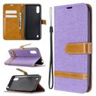 For Galaxy A01 Color Matching Denim Texture Horizontal Flip Leather Case with Holder & Card Slots & Wallet & Lanyard(Purple) - 1