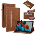 For Samsung Galaxy Tab S7 / S8 Skin Feel Solid Color Zipper Leather Tablet Case(Brown) - 1