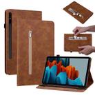 For Samsung Galaxy Tab S7+ / S8+ Skin Feel Solid Color Zipper Leather Tablet Case(Brown) - 1