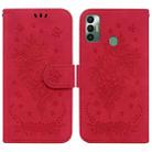 For Tecno Spark 7 Butterfly Rose Embossed Leather Phone Case(Red) - 1