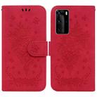 For Huawei P40 Pro Butterfly Rose Embossed Leather Phone Case(Red) - 1