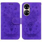 For Huawei P50 Butterfly Rose Embossed Leather Phone Case(Purple) - 1