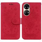 For Huawei P50 Butterfly Rose Embossed Leather Phone Case(Red) - 1