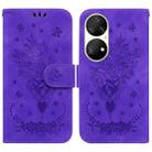 For Huawei P50 Pro Butterfly Rose Embossed Leather Phone Case(Purple) - 1