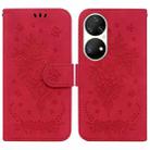 For Huawei P50 Pro Butterfly Rose Embossed Leather Phone Case(Red) - 1