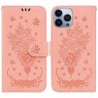 For iPhone 13 Pro Max Butterfly Rose Embossed Leather Phone Case (Pink) - 1