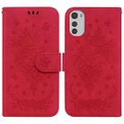 For Motorola Moto E32 Butterfly Rose Embossed Leather Phone Case(Red) - 1