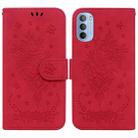 For Motorola Moto G51 Butterfly Rose Embossed Leather Phone Case(Red) - 1