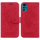 For Motorola Moto G22 Butterfly Rose Embossed Leather Phone Case(Red) - 1