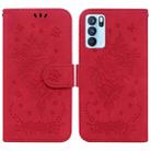 For OPPO Reno6 Pro 5G Butterfly Rose Embossed Leather Phone Case(Red) - 1