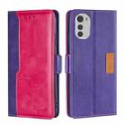 For Motorola Moto E32 4G Contrast Color Side Buckle Leather Phone Case(Purple + Rose Red) - 1