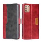 For Motorola Moto G9 Plus Contrast Color Side Buckle Leather Phone Case(Red + Black) - 1