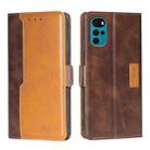 For Motorola Moto G22 Contrast Color Side Buckle Leather Phone Case(Dark Brown + Gold) - 1