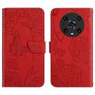 For Honor Magic4 Pro Skin Feel Butterfly Peony Embossed Leather Phone Case(Red) - 1