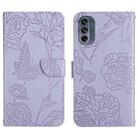 For Motorola Moto G62 5G Skin Feel Butterfly Peony Embossed Leather Phone Case(Purple) - 1