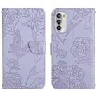 For Motorola Moto G71S Skin Feel Butterfly Peony Embossed Leather Phone Case(Purple) - 1