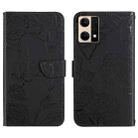 For OPPO Reno7 4G Skin Feel Butterfly Peony Embossed Leather Phone Case(Black) - 1