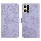 For OPPO Reno7 4G Skin Feel Butterfly Peony Embossed Leather Phone Case(Purple) - 1