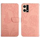 For OPPO Reno7 4G Skin Feel Butterfly Peony Embossed Leather Phone Case(Pink) - 1