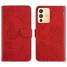 For vivo V23 5G Skin Feel Butterfly Peony Embossed Leather Phone Case(Red) - 1