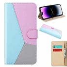 For iPhone 14 Pro Tricolor Stitching Flip Leather Phone Case (Blue) - 1