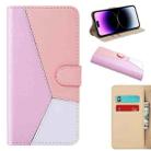 For iPhone 14 Pro Tricolor Stitching Flip Leather Phone Case (Pink) - 1