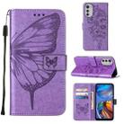 For Motorola Moto E32 Embossed Butterfly Leather Phone Case(Purple) - 1