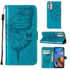 For Motorola Moto E32 Embossed Butterfly Leather Phone Case(Blue) - 1