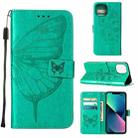 For iPhone 14 Embossed Butterfly Leather Phone Case (Green) - 1