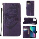 For iPhone 14 Embossed Butterfly Leather Phone Case (Dark Purple) - 1