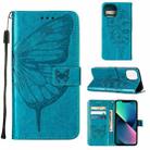 For iPhone 14 Embossed Butterfly Leather Phone Case (Blue) - 1