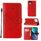 For iPhone 14 Embossed Butterfly Leather Phone Case  (Red) - 1