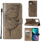 For iPhone 14 Plus Embossed Butterfly Leather Phone Case  (Grey) - 1