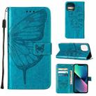 For iPhone 14 Plus Embossed Butterfly Leather Phone Case  (Blue) - 1