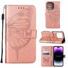 For iPhone 14 Pro Embossed Butterfly Leather Phone Case (Rose Gold) - 1