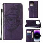 For iPhone 14 Pro Embossed Butterfly Leather Phone Case (Dark Purple) - 1