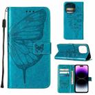 For iPhone 14 Pro Embossed Butterfly Leather Phone Case (Blue) - 1