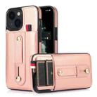 For iPhone 13 Wristband Kickstand Wallet Leather Phone Case(Rose Gold) - 1